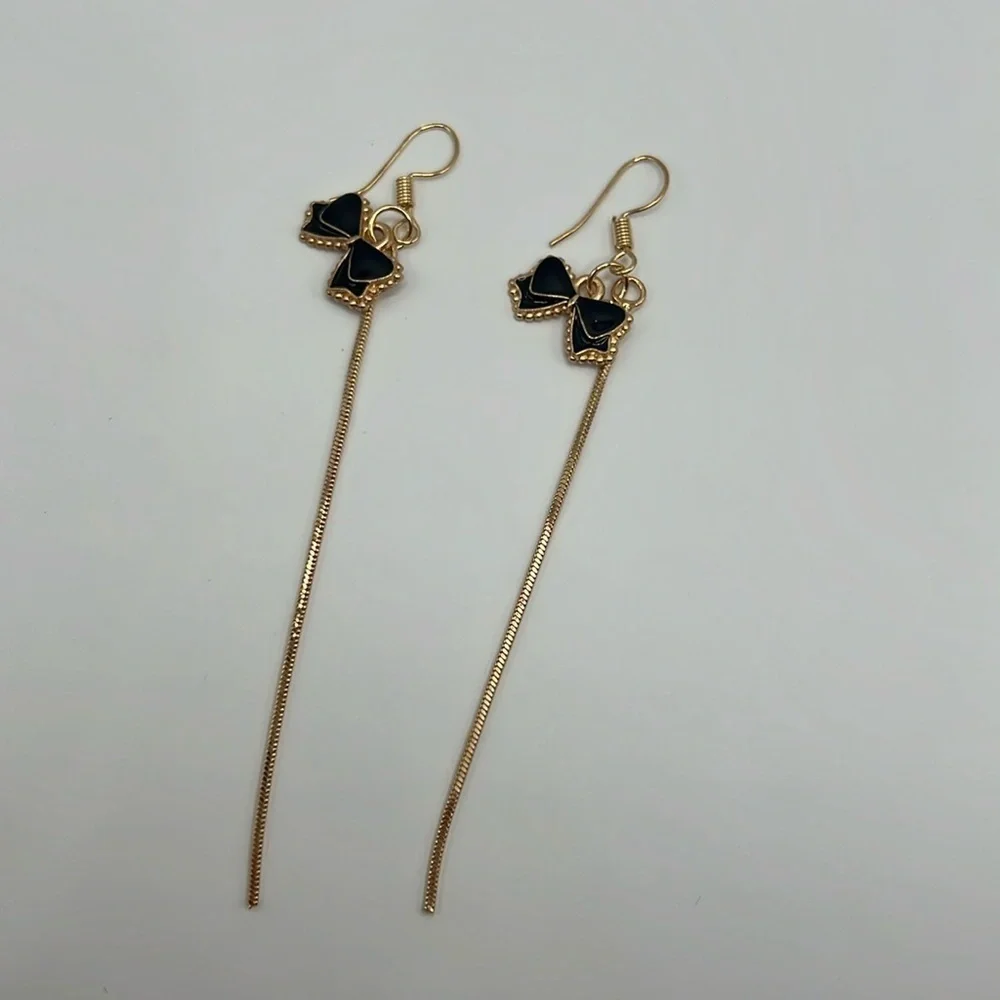 Black Enamel Bow Tassel Earrings